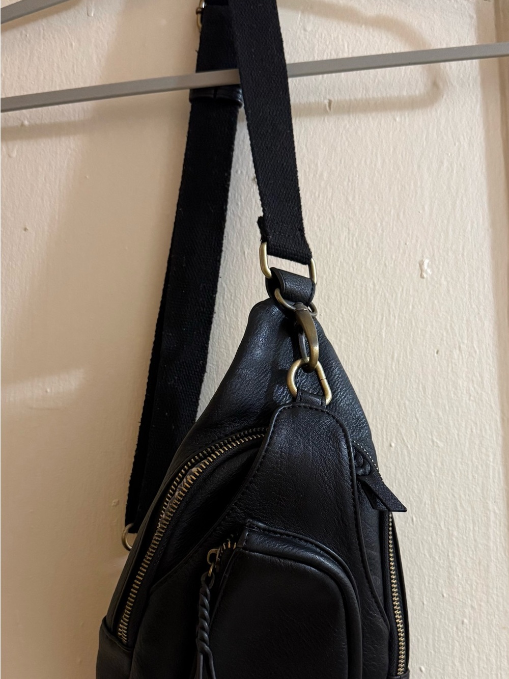 Antik Kraft Black Leather Belt Sling Bag with Brass Hardware